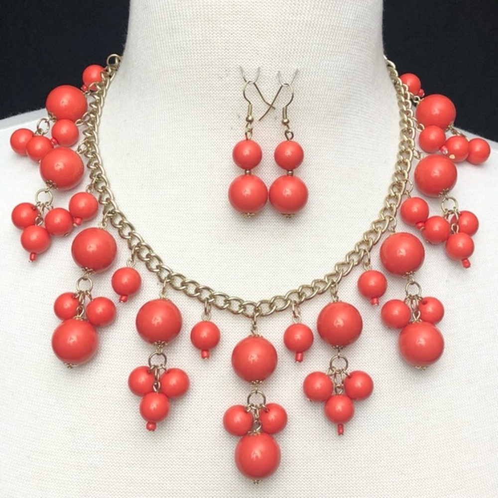 Coral Orange Bead Drop Bib Necklace Earrings Set